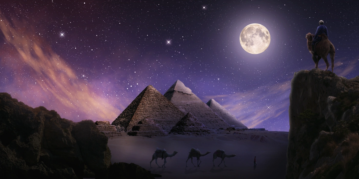 пустыня, пирамиды, небо, ночь, звёзды, верблюды, луна, синие, серые