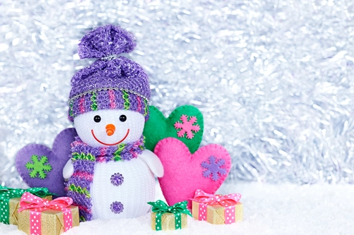 снеговик, подарки, снег, зима, новый год, розовые, белые, красные