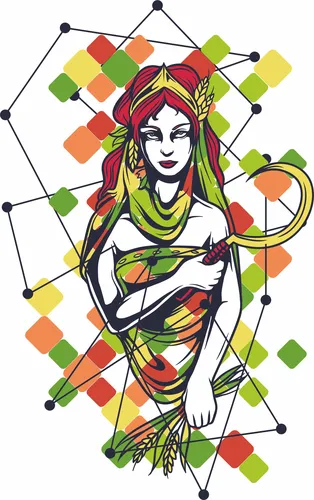 векторная картинка, девушка, богиня плодородия, графика, жёлтые, красные, зелёные