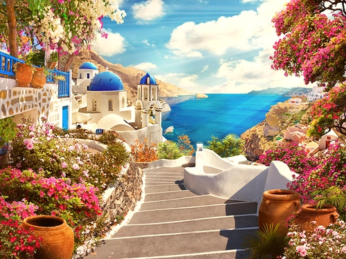 Санторини, церковь, ступеньки, ступени, цветы, море, вода, небо, пейзаж, зелень, растительность, синие, бежевые, розовые