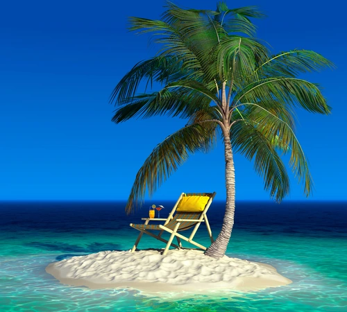 пляж, кресло, пальма, синие, бежевые, зеленые, желтые