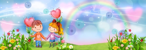 девочка, мальчик, детские, дети, дружба, радуга, небо, голубой, сиреневый, фиолетовый, зеленый, цветы, поляна, панорама